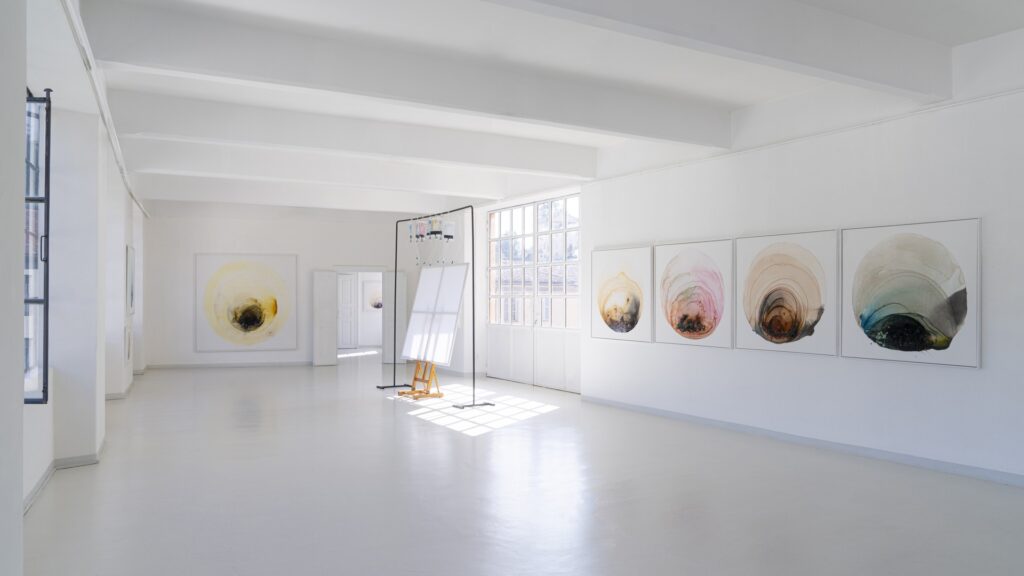 Prospettiva della grande sala bianca di 11 Contemporary con serie di opere circolari di Franza e installazione